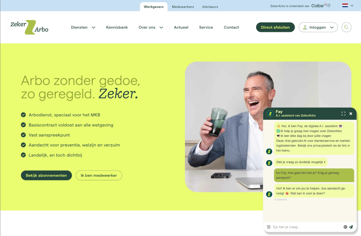 ZekerArbo website image + Chat AI Agent Fay